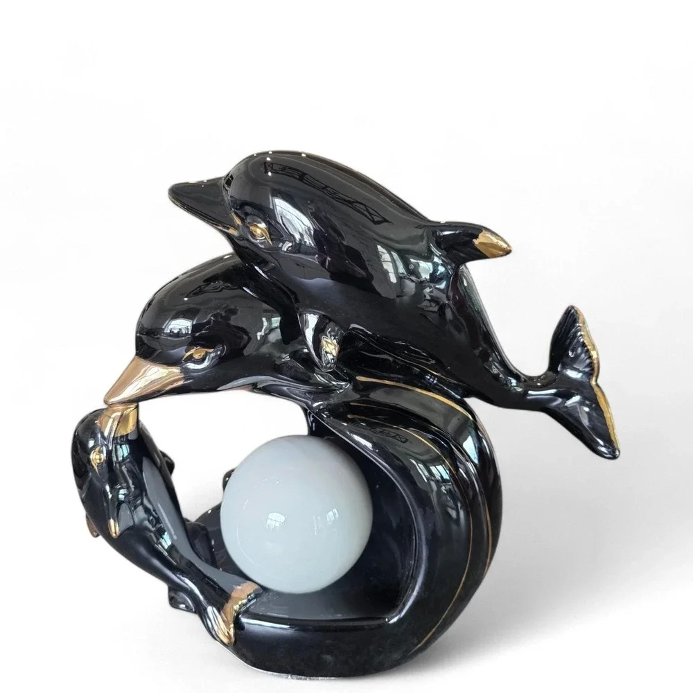 Vintage Dolphins TV Lamp 50's Black And Gold mcm Working Unique Gift
